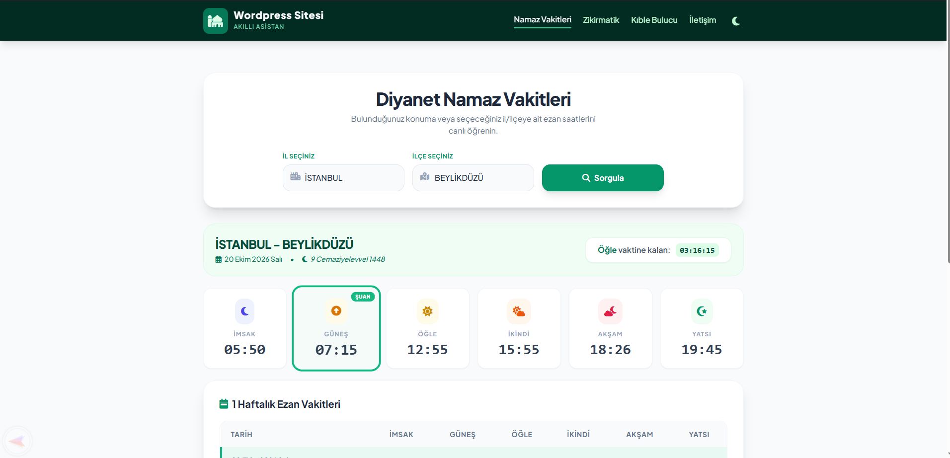 Wordpress diyanet namaz vakitleri teması